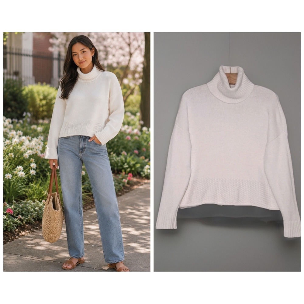 MADEWELL Boxy Turtle Neck Cream Merino Wool Blend Knit Sweater Size Large Cozy